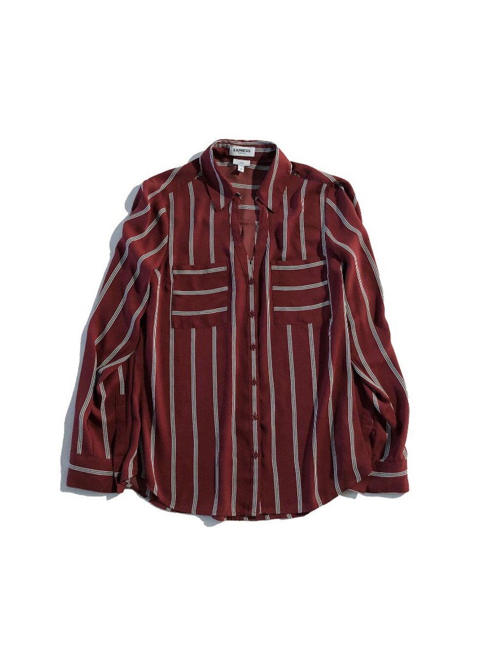 Express Portofino Top Womens M Red Striped Slim Roll Tab Sleeve Button Up Shirt